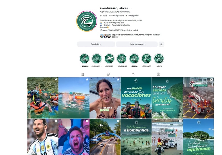 Instagram profile page for aventurasaquaticas showing follower count, bio, and grid of adventure and water sports themed photos