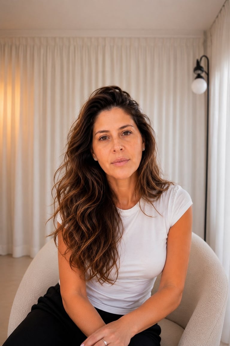 Woman with long brown wavy hair wearing a white t-shirt, seated in a light-colored chair in a minimalist interior